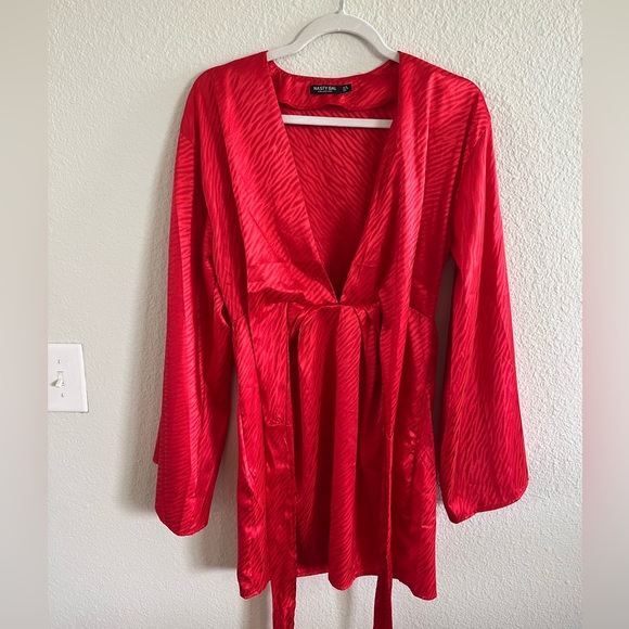 Satin Wrap Front Wide Sleeve Mini Dress - Picture 4 of 5